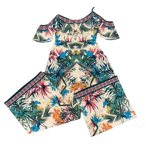 NWT Flying Tomato Ivory W/ Colorful Tropical Print Wide Legged Jumpsuit - SMALL - Picture 1 of 10